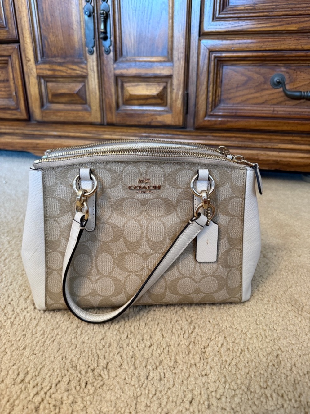 Coach Khaki Signature Canvas Satchel with White Trim